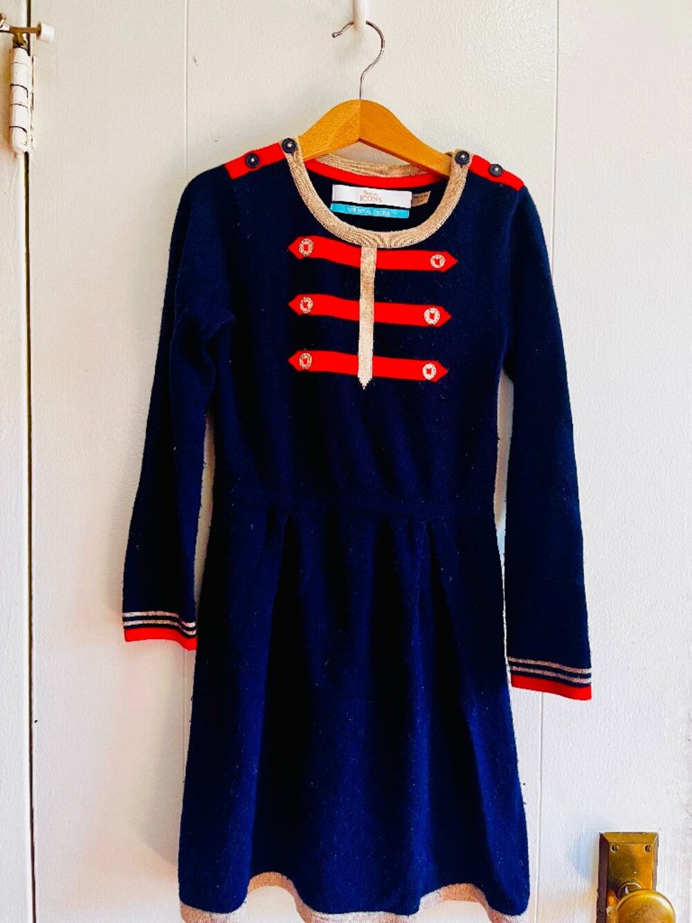 Mini Boden Icon Sweater Dress Nutcracker/ Royal Couple 7-8yrs gold trim